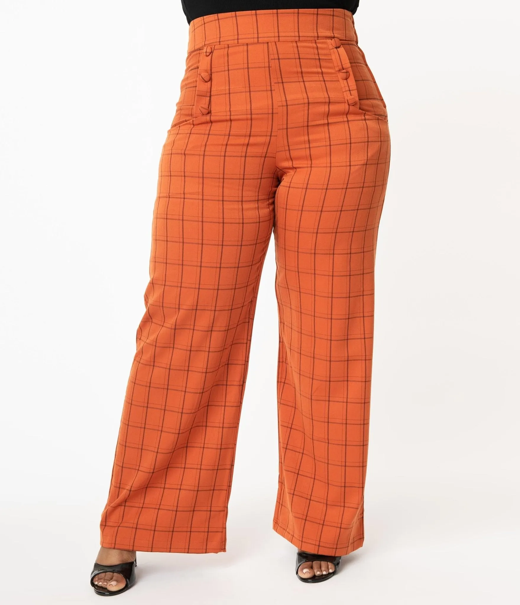 Unique Vintage Plus Size 1940s Orange Windowpane High Waist Ginger Pants Comfortable Travel Wear