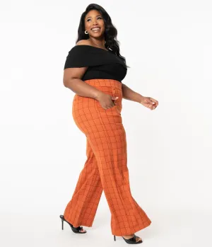 Unique Vintage Plus Size 1940s Orange Windowpane High Waist Ginger Pants Comfortable Travel Wear
