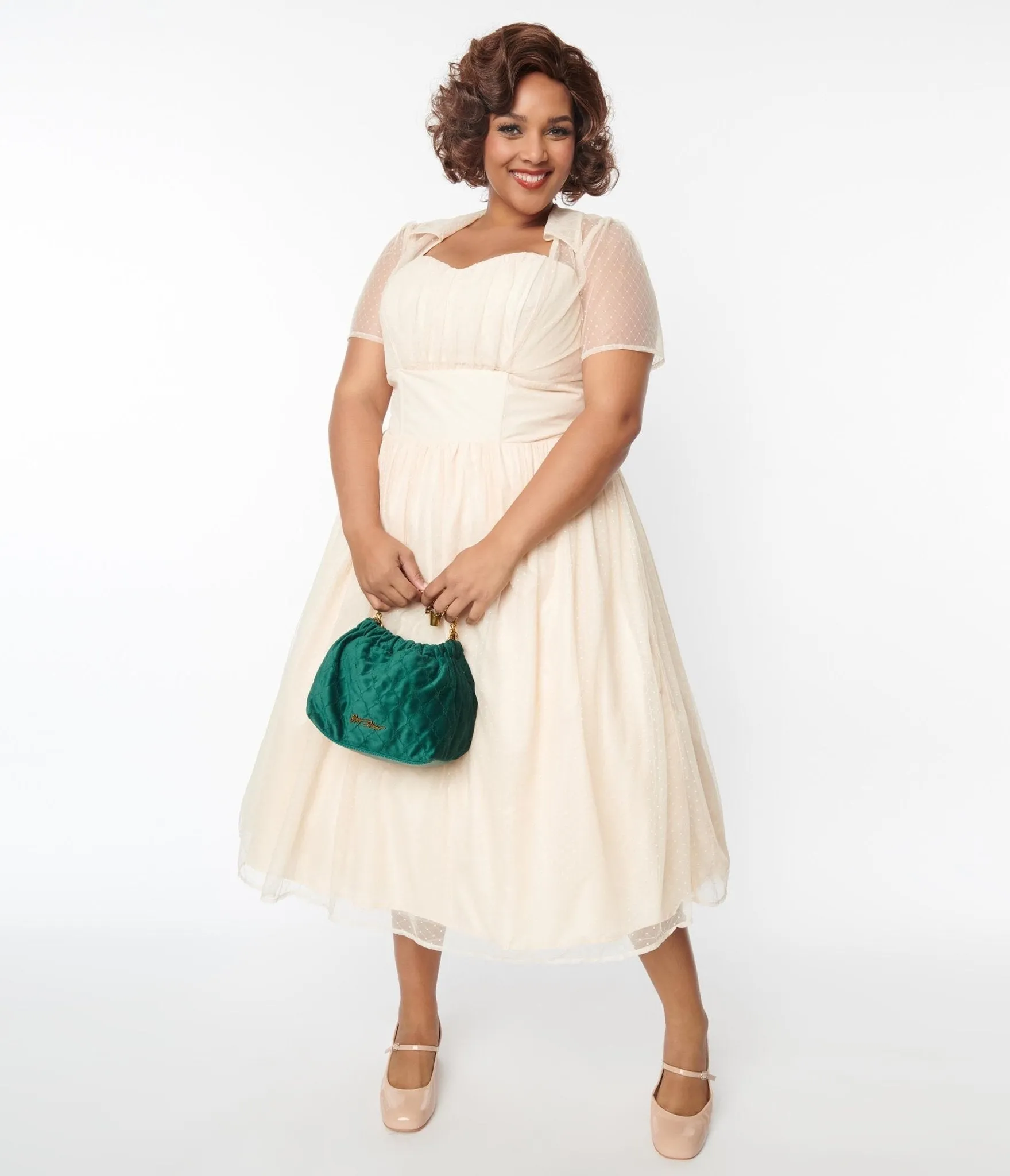 Unique Vintage Plus Size 1940s Peach Clip Dot Bridal Libby Swing Dress Casual Everyday Look
