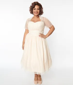 Unique Vintage Plus Size 1940s Peach Clip Dot Bridal Libby Swing Dress Casual Everyday Look