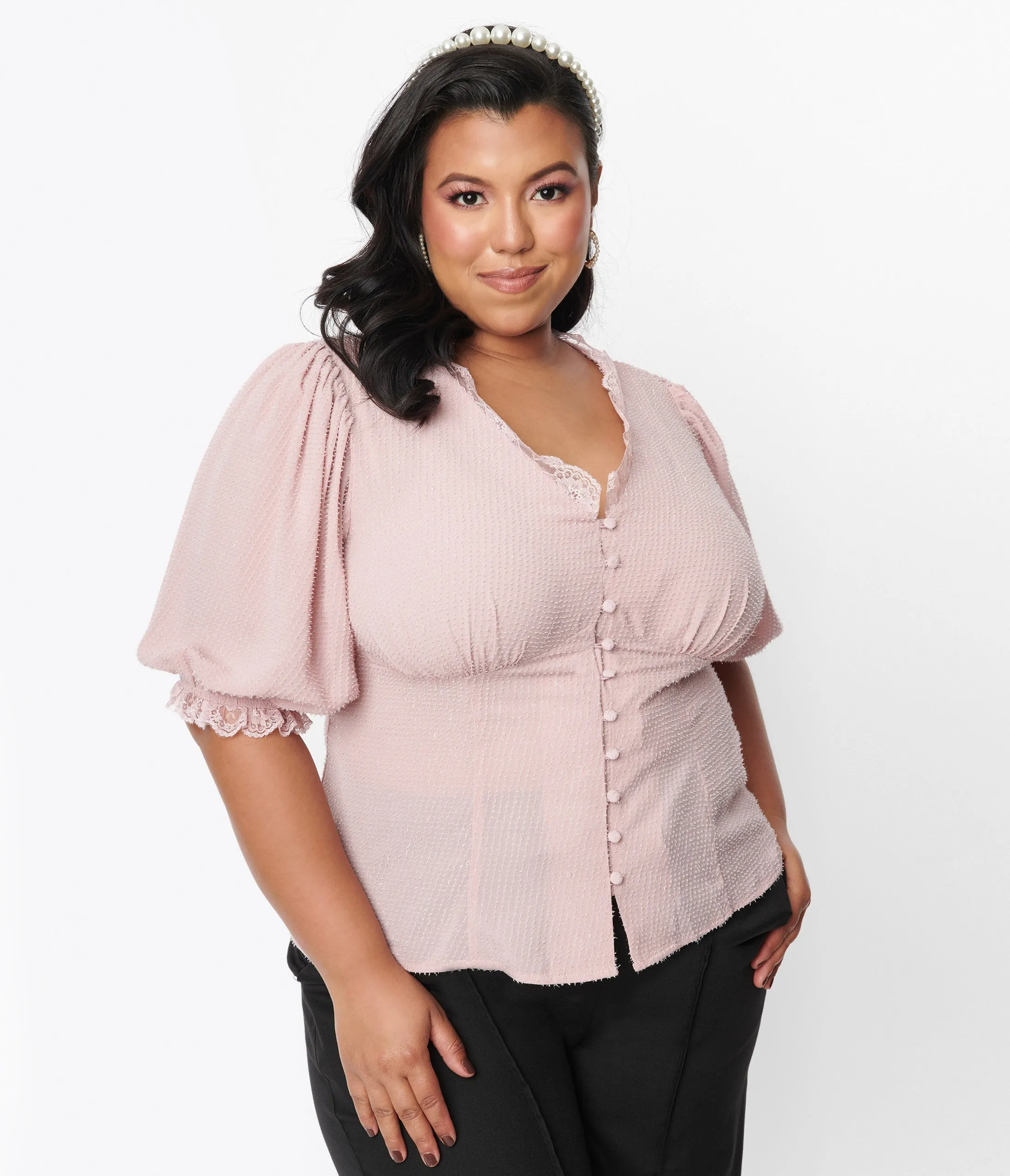 Unique Vintage Plus Size 1940s Pink Clip Dot Puff Sleeve Blouse Easy Date Night