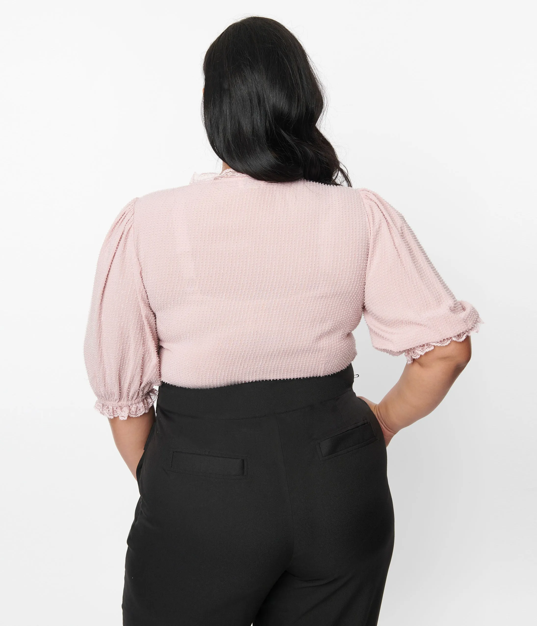 Unique Vintage Plus Size 1940s Pink Clip Dot Puff Sleeve Blouse Easy Date Night
