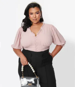 Unique Vintage Plus Size 1940s Pink Clip Dot Puff Sleeve Blouse Easy Date Night