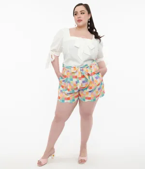 Unique Vintage Plus Size 1940s Rainbow Pastel Check Cotton High Waist Shorts Comfortable Travel Wear
