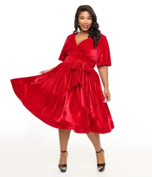 Unique Vintage Plus Size 1940s Red Velvet Flutter Sleeve Lenora Swing Dress Casual Everyday Look