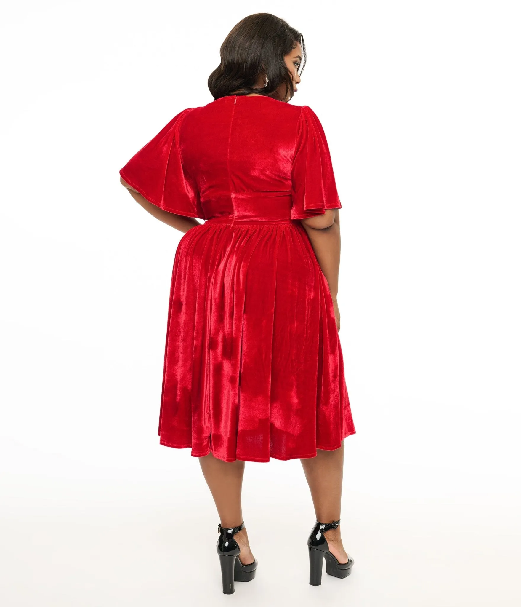 Unique Vintage Plus Size 1940s Red Velvet Flutter Sleeve Lenora Swing Dress Casual Everyday Look
