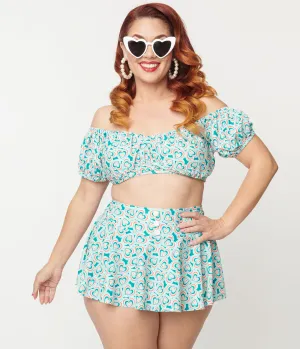 Unique Vintage Plus Size 1940s Turquoise Retro Hearts Off The Shoulder Swim Top Beach Vacation Ready