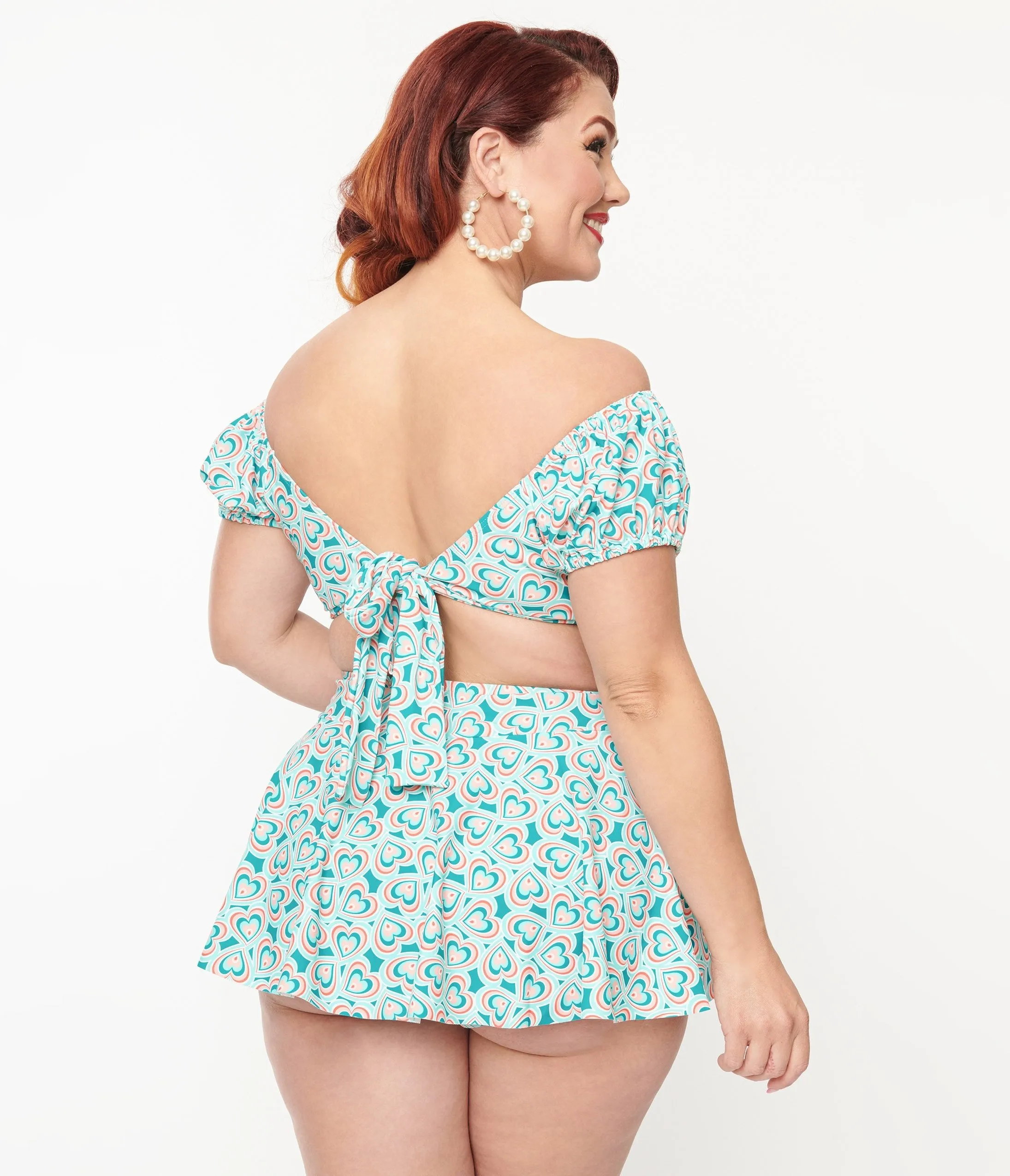 Unique Vintage Plus Size 1940s Turquoise Retro Hearts Off The Shoulder Swim Top Beach Vacation Ready
