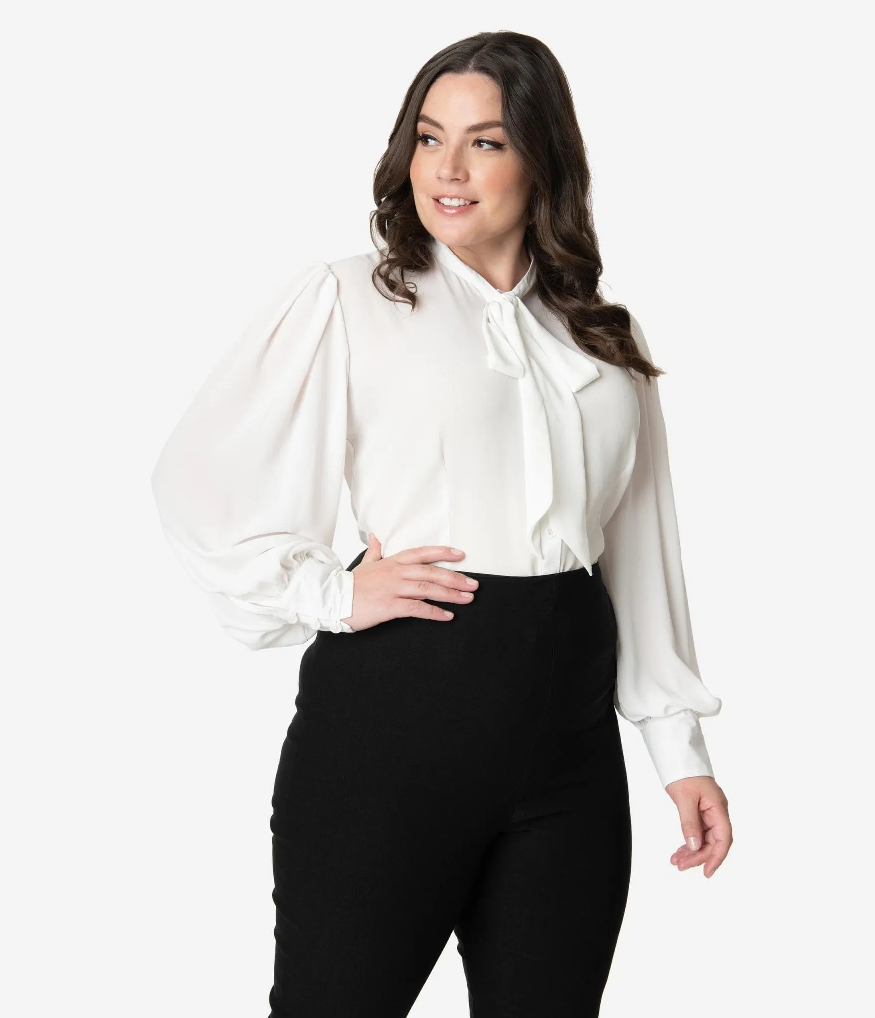 Unique Vintage Plus Size 1940s White Neck Tie Gwen Blouse Easy Date Night