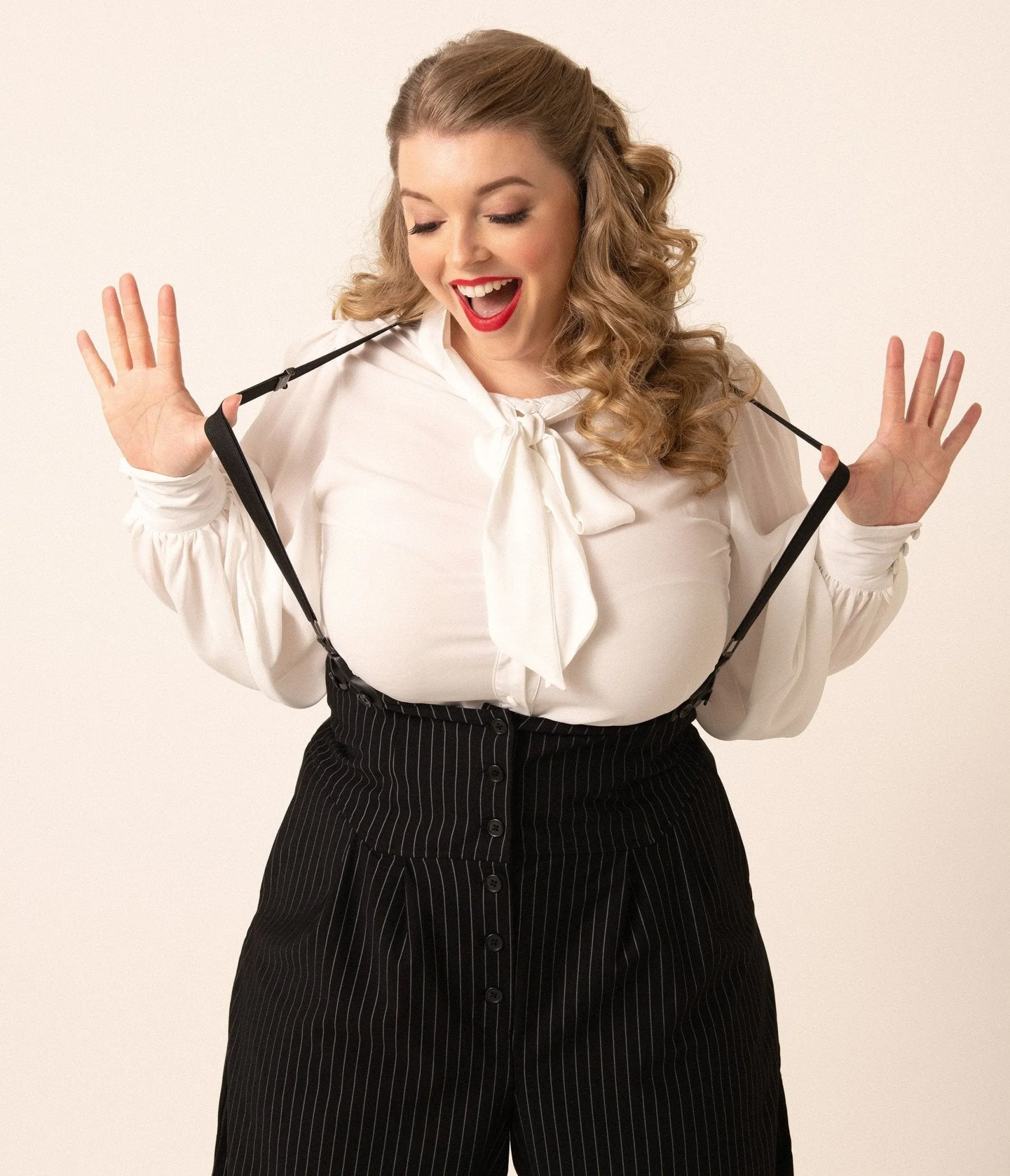 Unique Vintage Plus Size 1940s White Neck Tie Gwen Blouse Easy Date Night