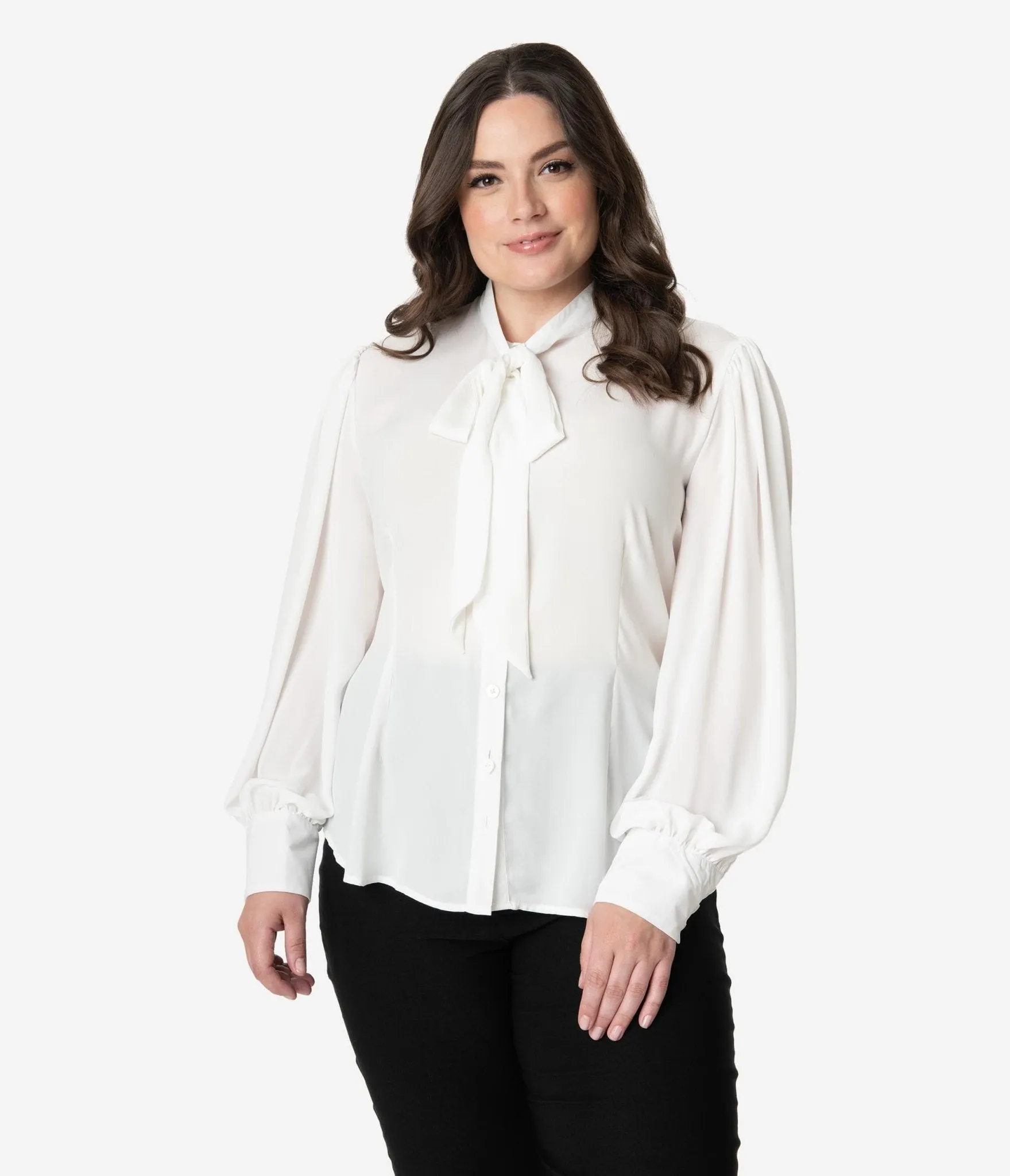 Unique Vintage Plus Size 1940s White Neck Tie Gwen Blouse Easy Date Night