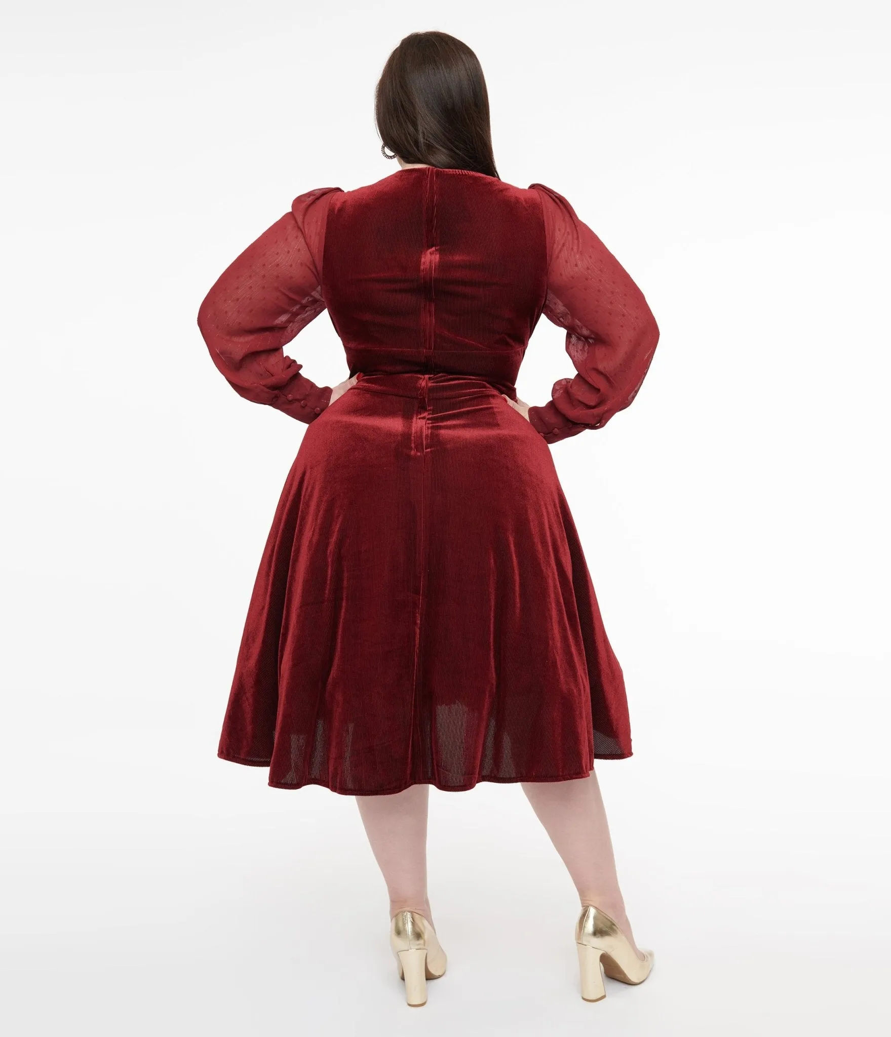 Unique Vintage Plus Size 1950s Berry Velvet Sheer Sleeve Delores Swing Dress Casual Everyday Look