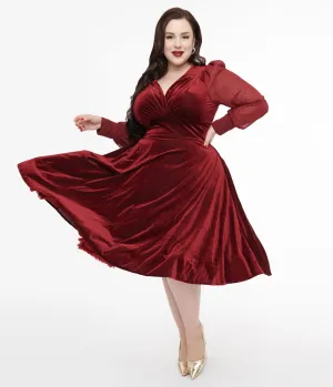 Unique Vintage Plus Size 1950s Berry Velvet Sheer Sleeve Delores Swing Dress Casual Everyday Look
