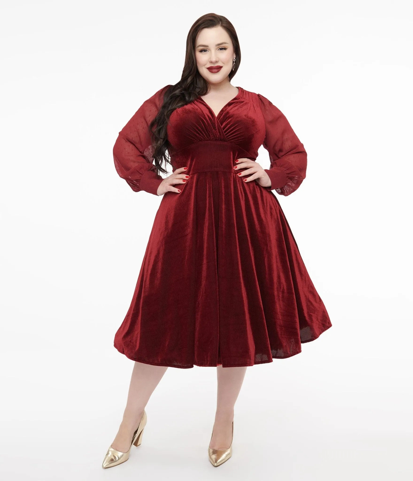 Unique Vintage Plus Size 1950s Berry Velvet Sheer Sleeve Delores Swing Dress Casual Everyday Look