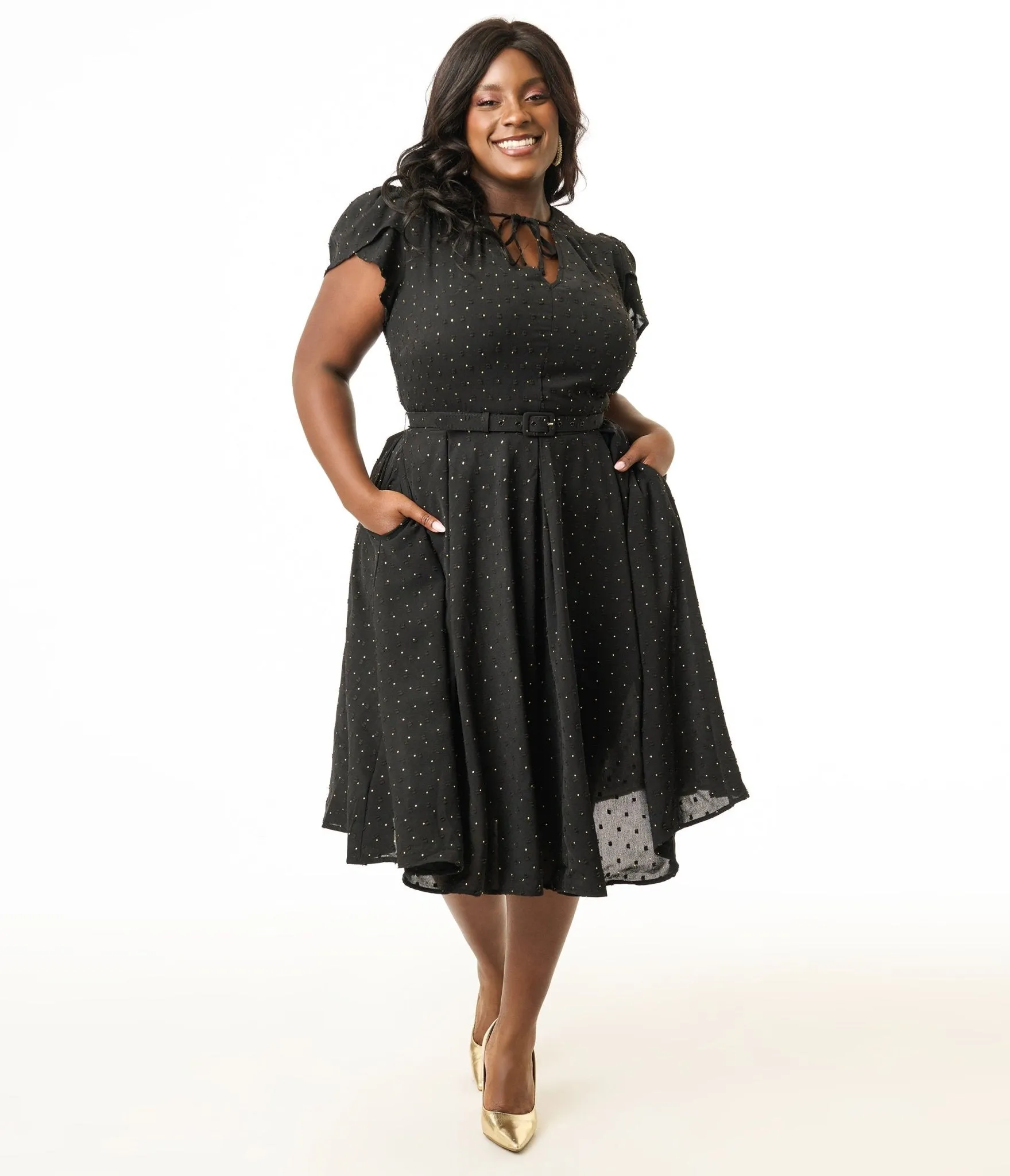 Unique Vintage Plus Size 1950s Black & Gold Pin Dot Dahlia Swing Dress Casual Everyday Look