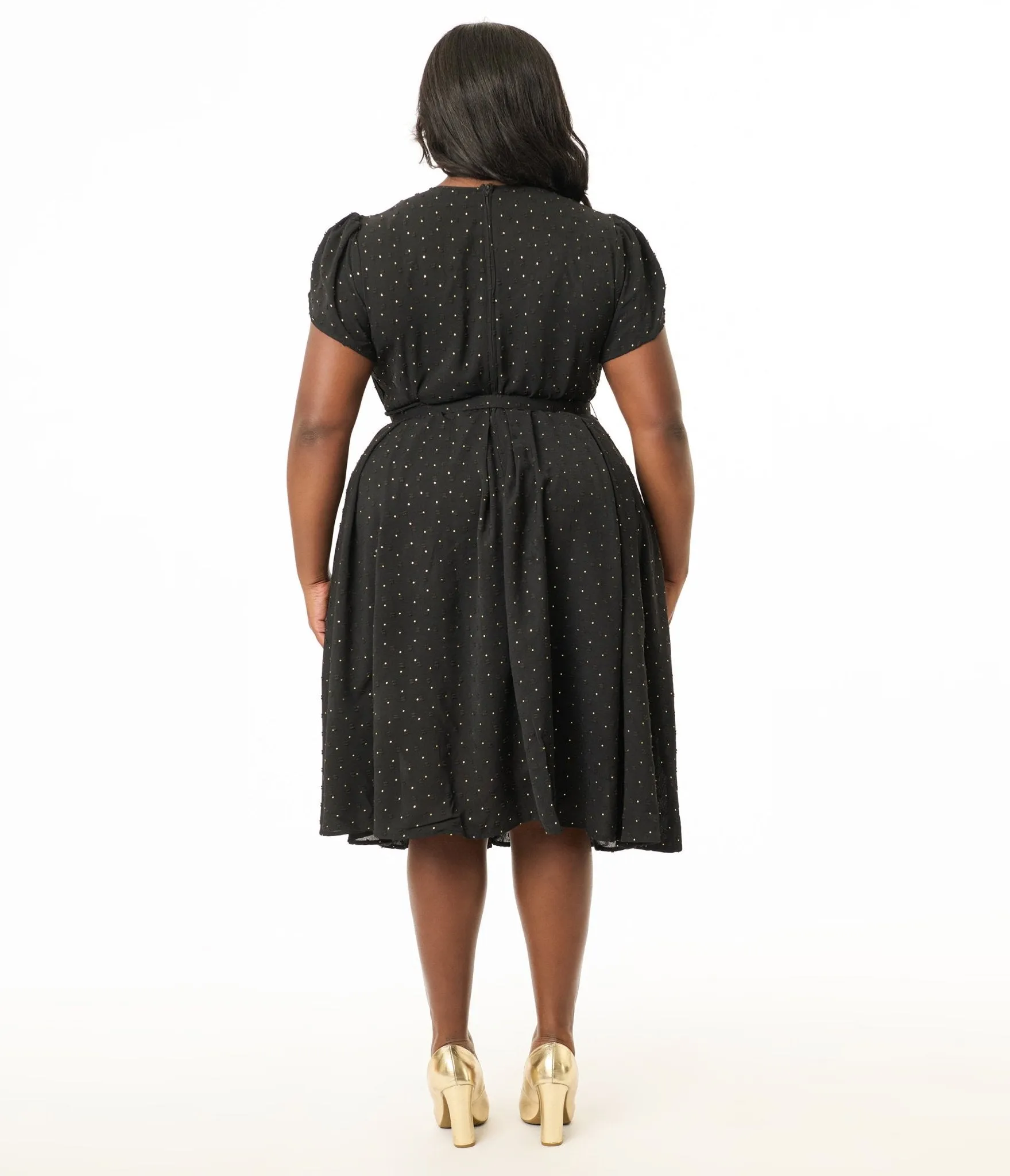 Unique Vintage Plus Size 1950s Black & Gold Pin Dot Dahlia Swing Dress Casual Everyday Look