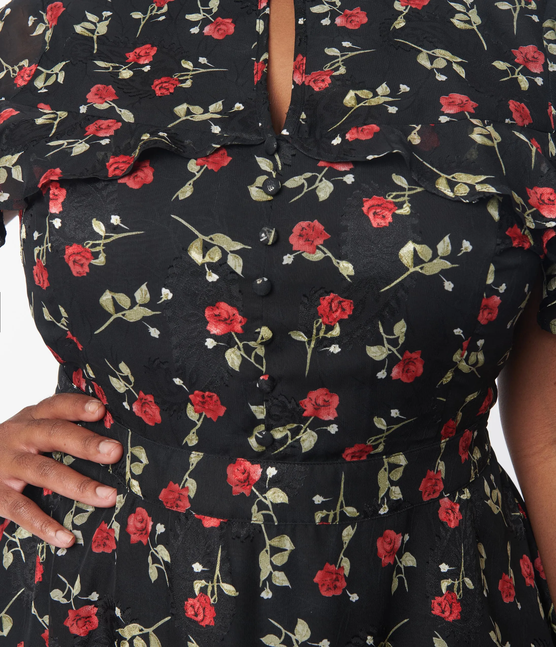 Unique Vintage Plus Size 1950s Black & Red Rose Capulet Fit & Flare Dress Casual Everyday Look