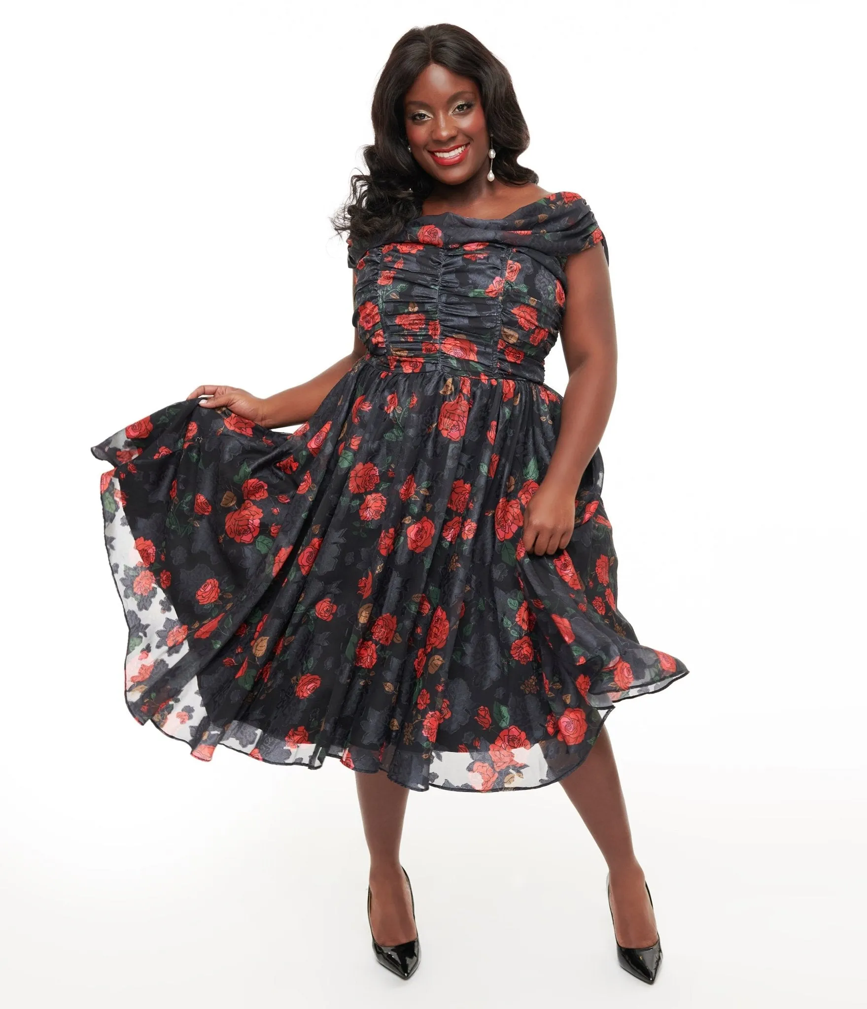 Unique Vintage Plus Size 1950s Black & Red Rose Off The Shoulder Cocktail Dress Casual Everyday Look