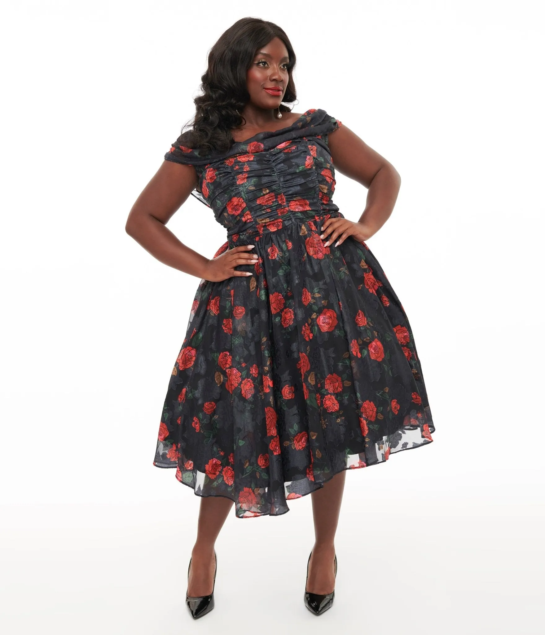 Unique Vintage Plus Size 1950s Black & Red Rose Off The Shoulder Cocktail Dress Casual Everyday Look