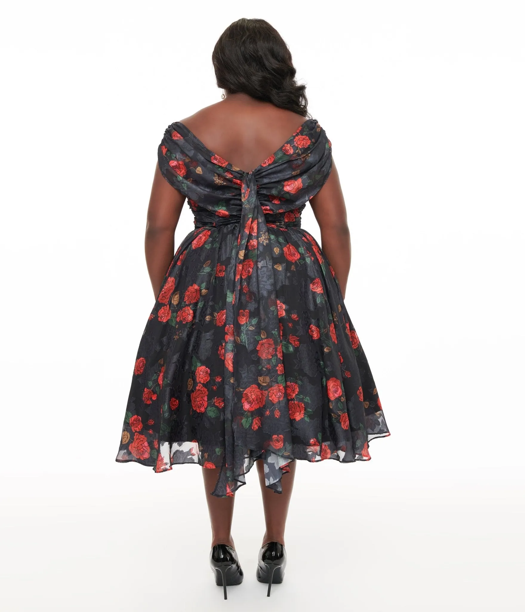 Unique Vintage Plus Size 1950s Black & Red Rose Off The Shoulder Cocktail Dress Casual Everyday Look