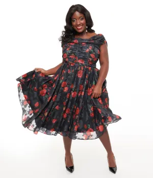 Unique Vintage Plus Size 1950s Black & Red Rose Off The Shoulder Cocktail Dress Casual Everyday Look