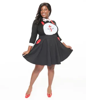 Unique Vintage Plus Size 1950s Black & Red Snowman Snow Globe Pinafore Comfortable Travel Wear