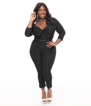 Unique Vintage Plus Size 1950s Black Bow Bengaline Jumpsuit Comfortable Travel Wear