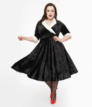 Unique Vintage Plus Size 1950s Black Crushed Velvet & White Fur Delores Swing Dress Casual Everyday Look
