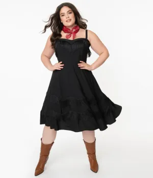 Unique Vintage Plus Size 1950s Black Fringe Girlie Swing Dress Casual Everyday Look
