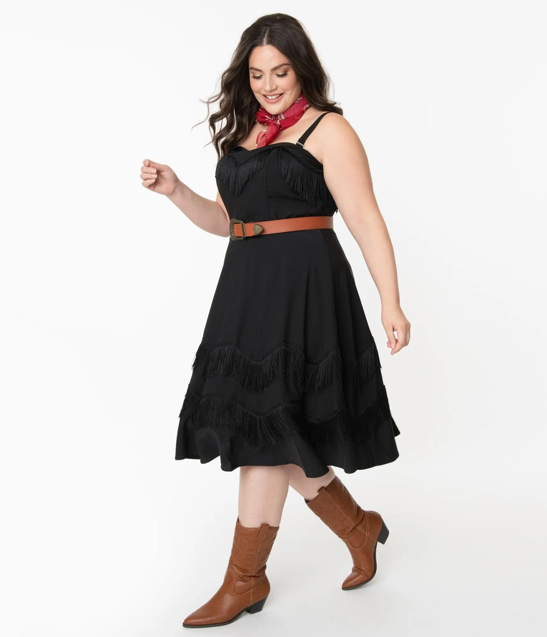 Unique Vintage Plus Size 1950s Black Fringe Girlie Swing Dress Casual Everyday Look