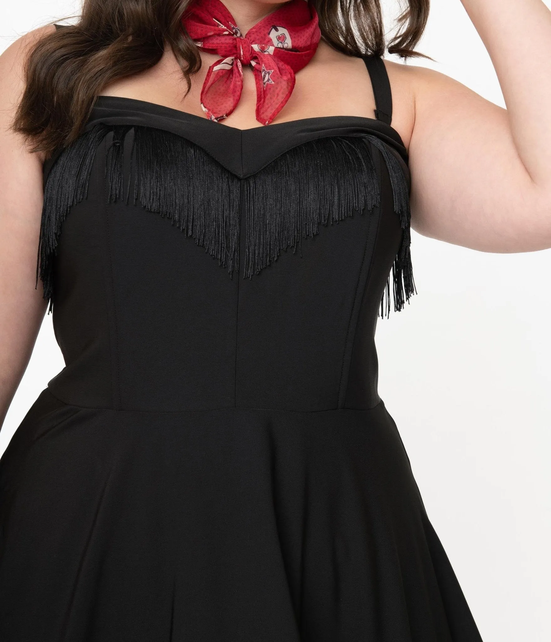 Unique Vintage Plus Size 1950s Black Fringe Girlie Swing Dress Casual Everyday Look