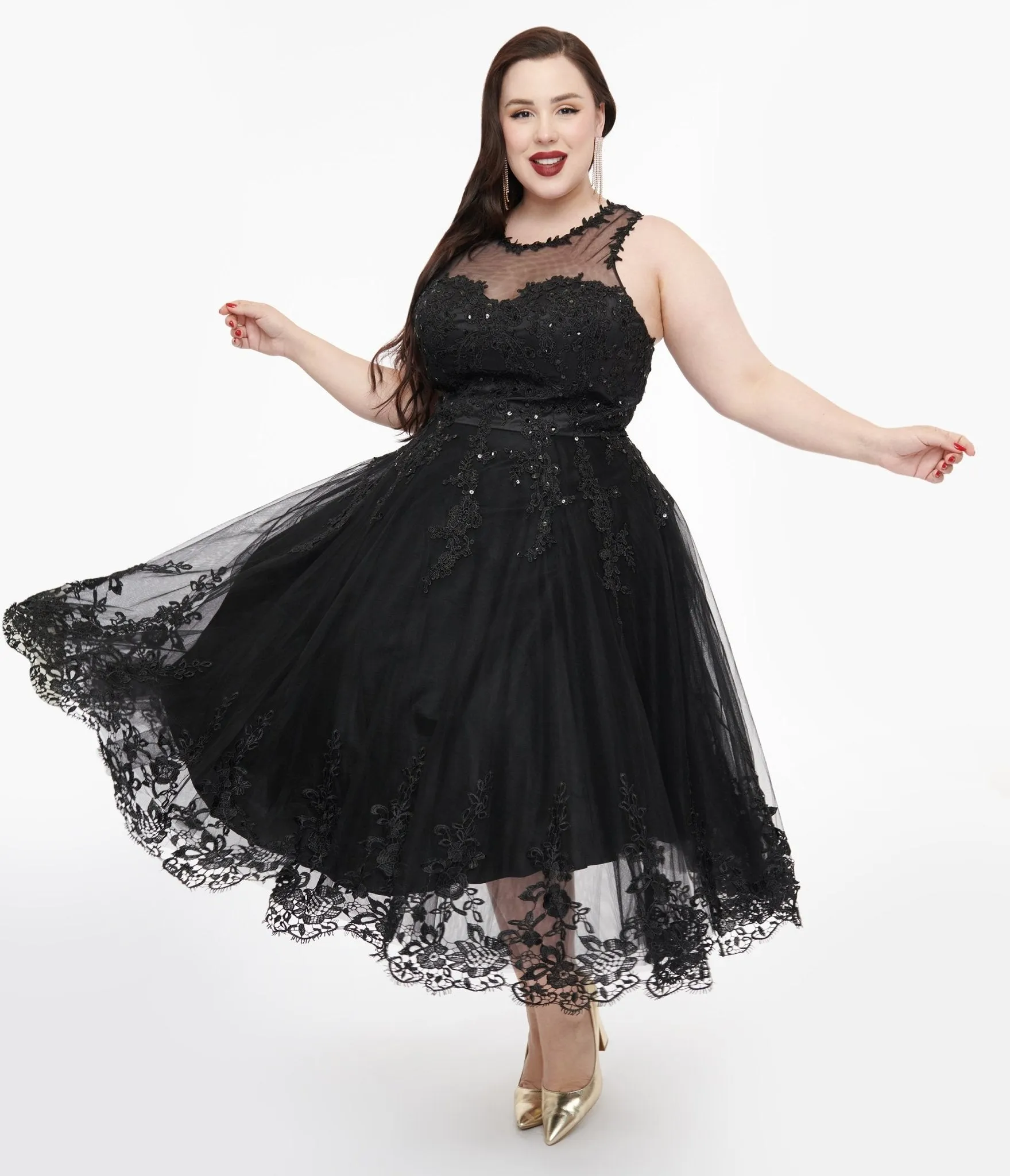 Unique Vintage Plus Size 1950s Black Lace & Tulle Riviera Dress Casual Everyday Look