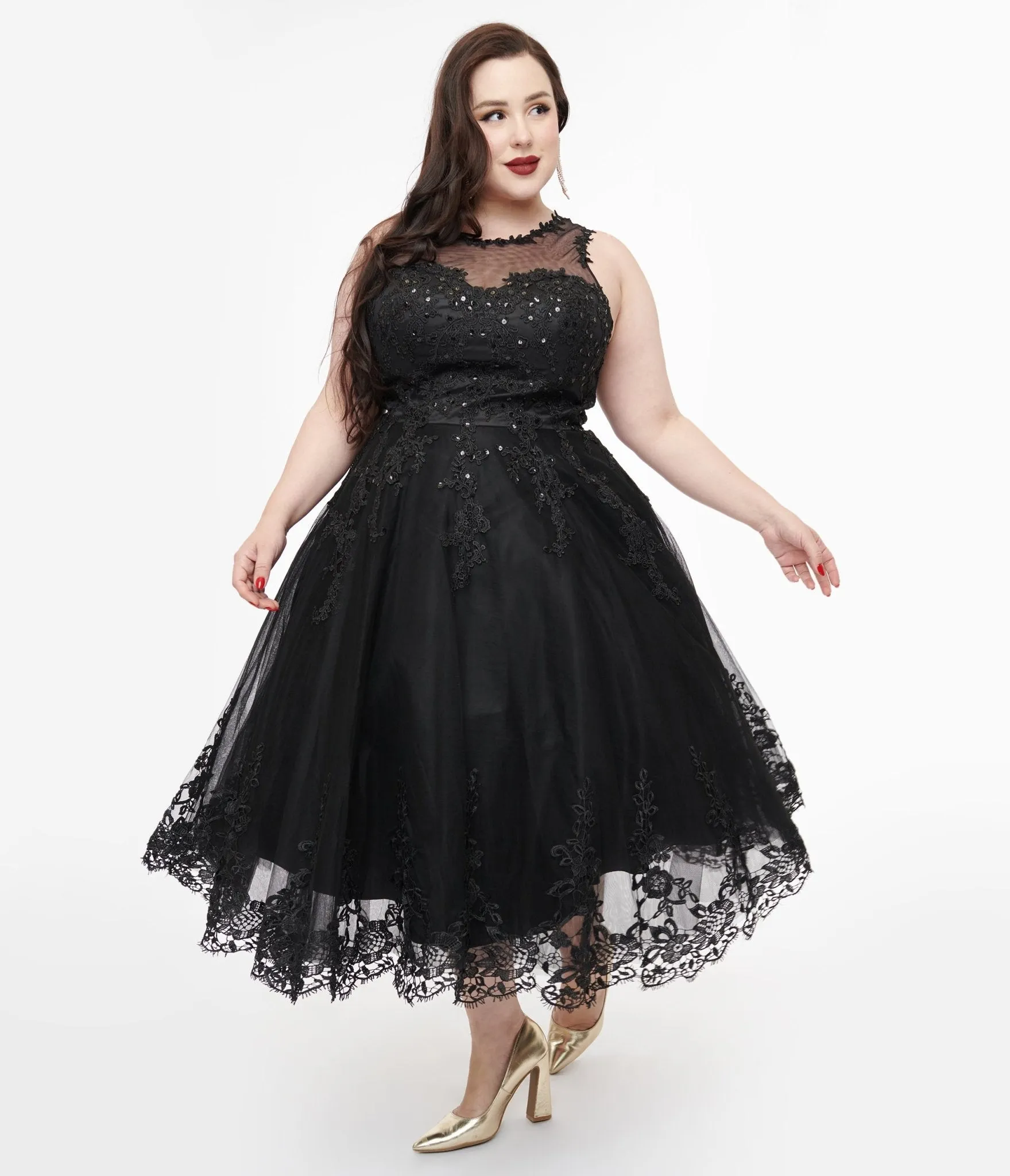 Unique Vintage Plus Size 1950s Black Lace & Tulle Riviera Dress Casual Everyday Look
