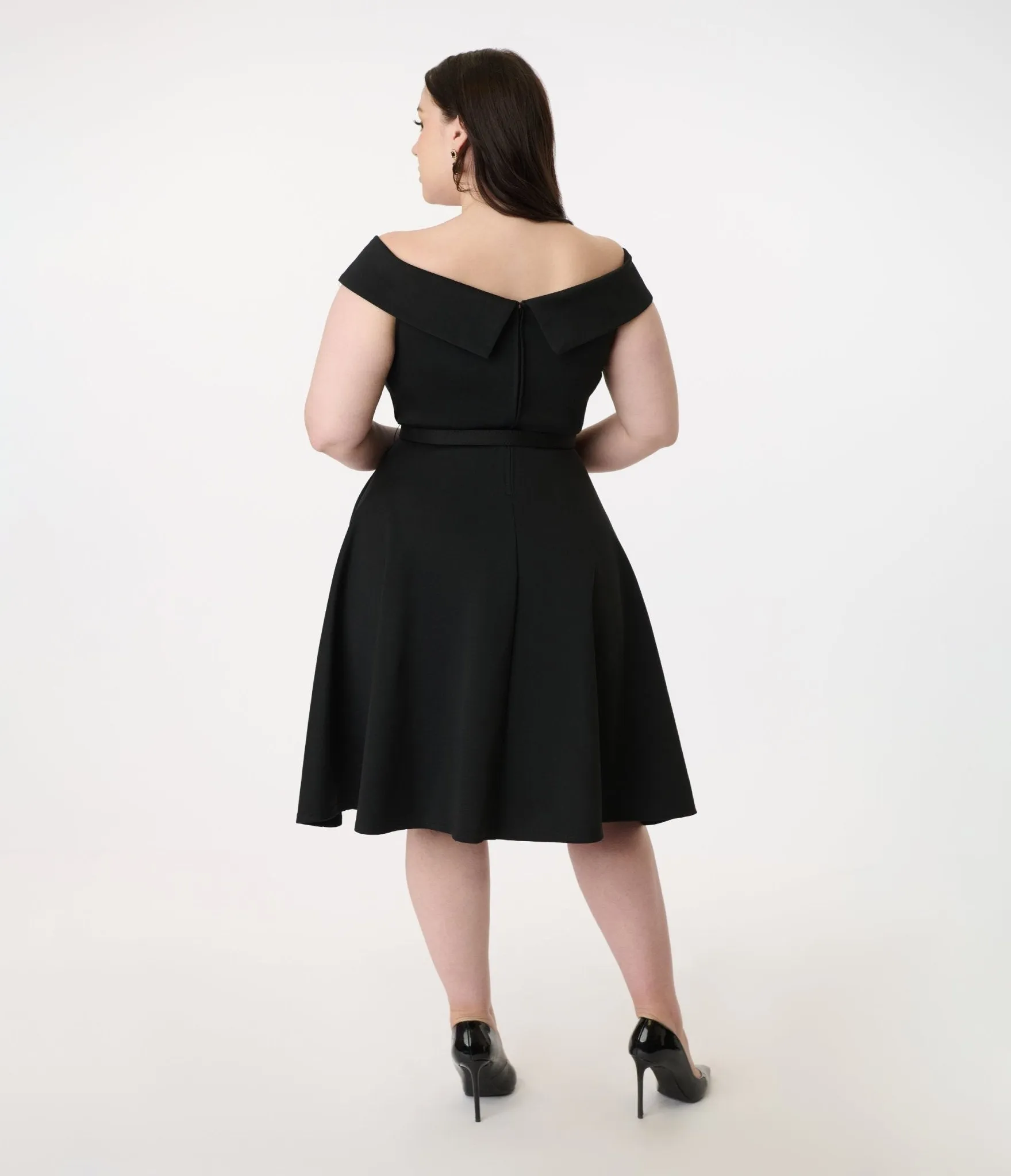 Unique Vintage Plus Size 1950s Black Off the Shoulder Swing Dress Casual Everyday Look