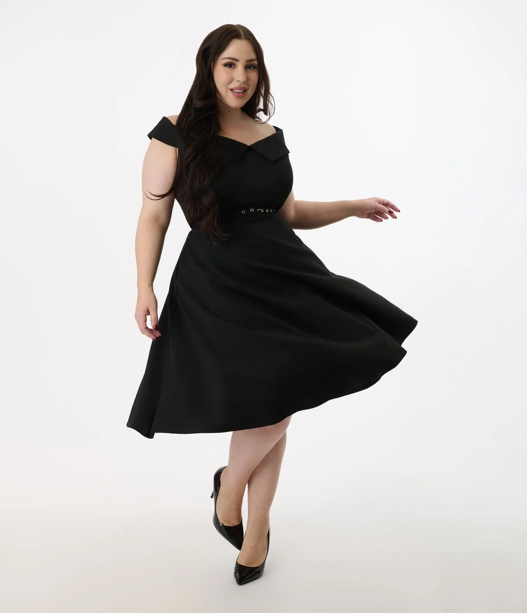 Unique Vintage Plus Size 1950s Black Off the Shoulder Swing Dress Casual Everyday Look