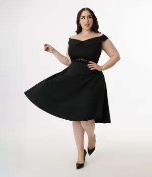 Unique Vintage Plus Size 1950s Black Off the Shoulder Swing Dress Casual Everyday Look