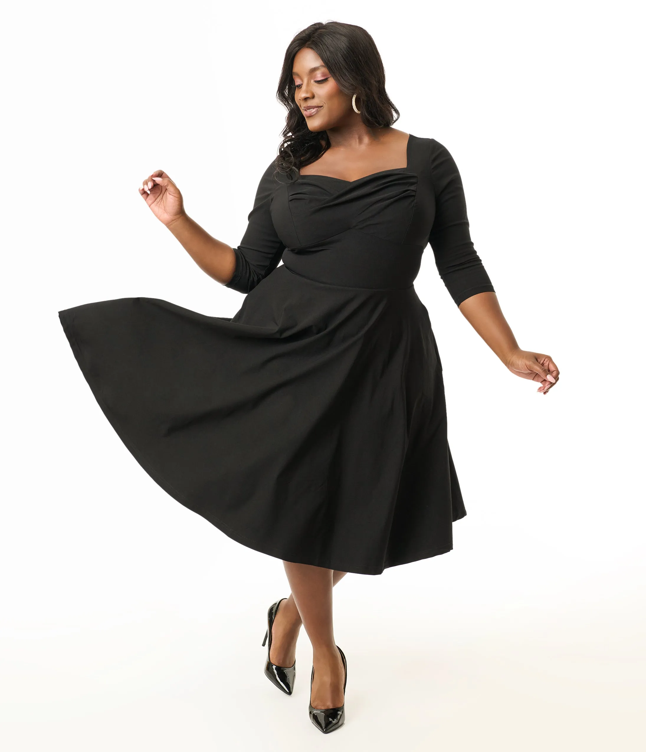 Unique Vintage Plus Size 1950s Black Pleated Bust Swing Dress Casual Everyday Look