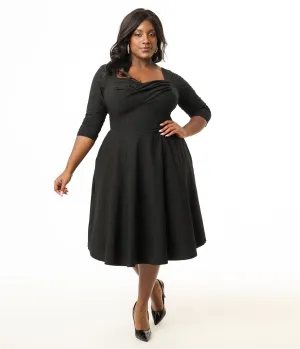 Unique Vintage Plus Size 1950s Black Pleated Bust Swing Dress Casual Everyday Look