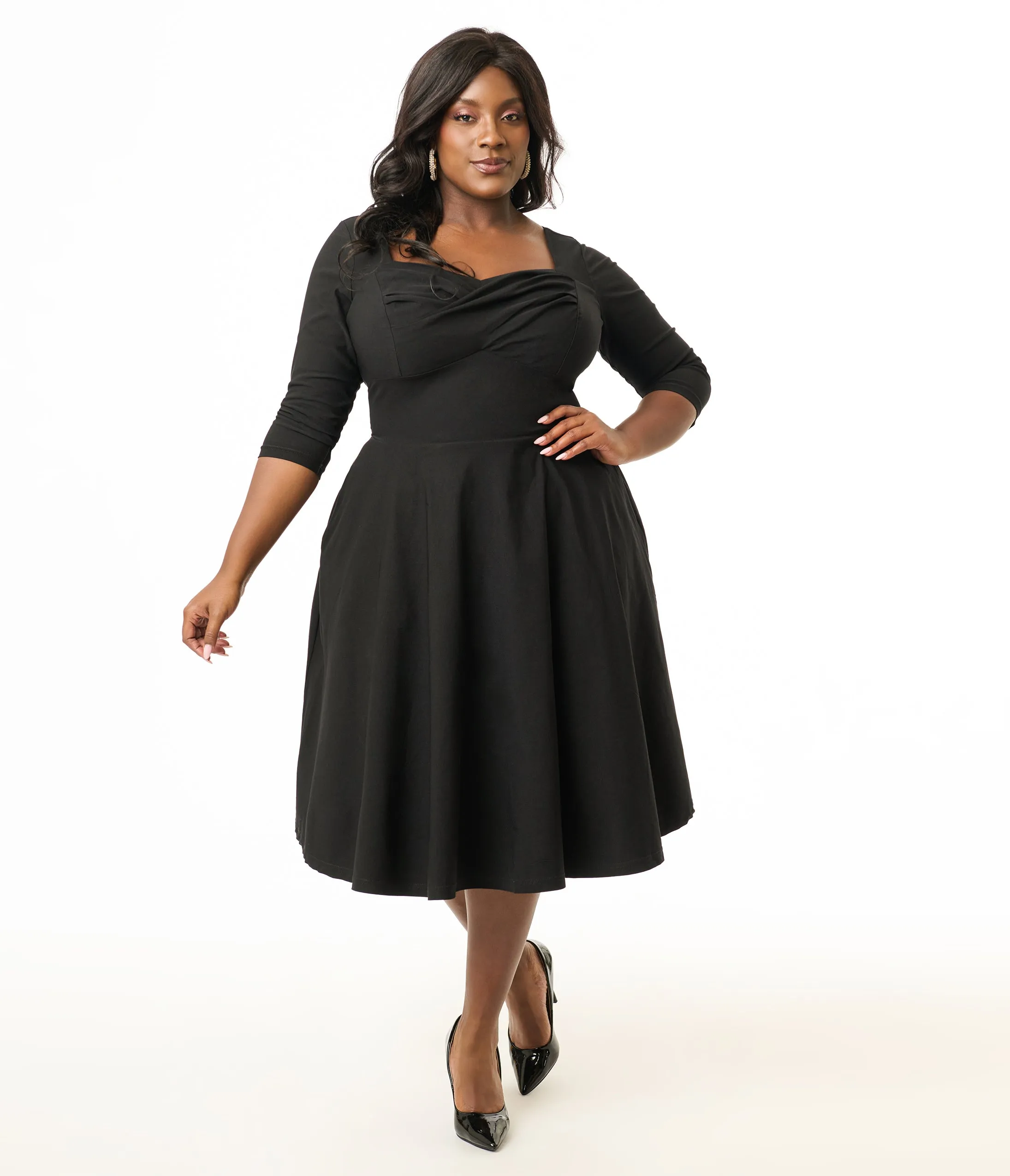 Unique Vintage Plus Size 1950s Black Pleated Bust Swing Dress Casual Everyday Look