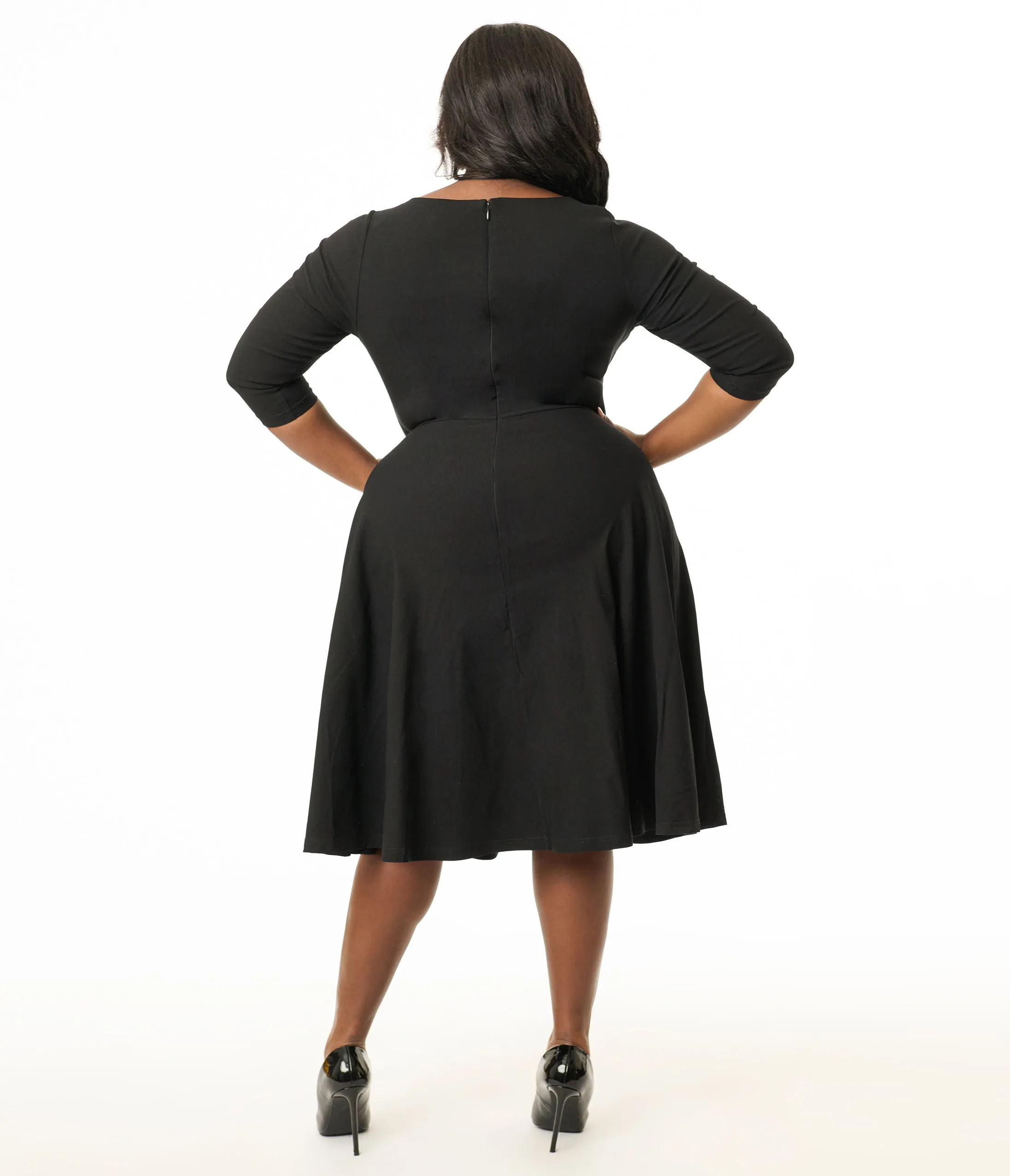 Unique Vintage Plus Size 1950s Black Pleated Bust Swing Dress Casual Everyday Look