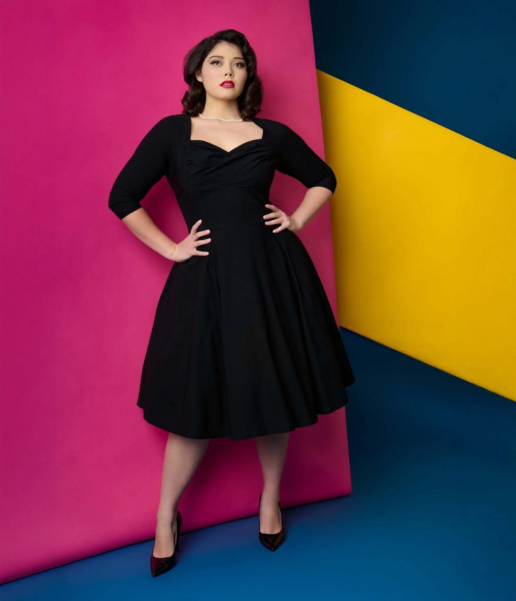Unique Vintage Plus Size 1950s Black Pleated Bust Swing Dress Casual Everyday Look