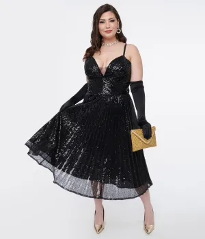 Unique Vintage Plus Size 1950s Black Pleated Sequin Swing Dress Casual Everyday Look