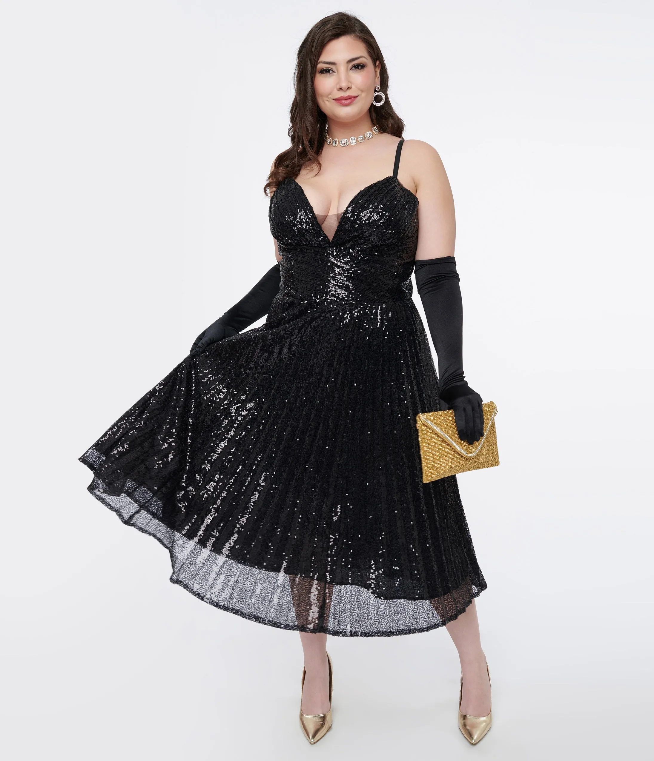 Unique Vintage Plus Size 1950s Black Pleated Sequin Swing Dress Casual Everyday Look