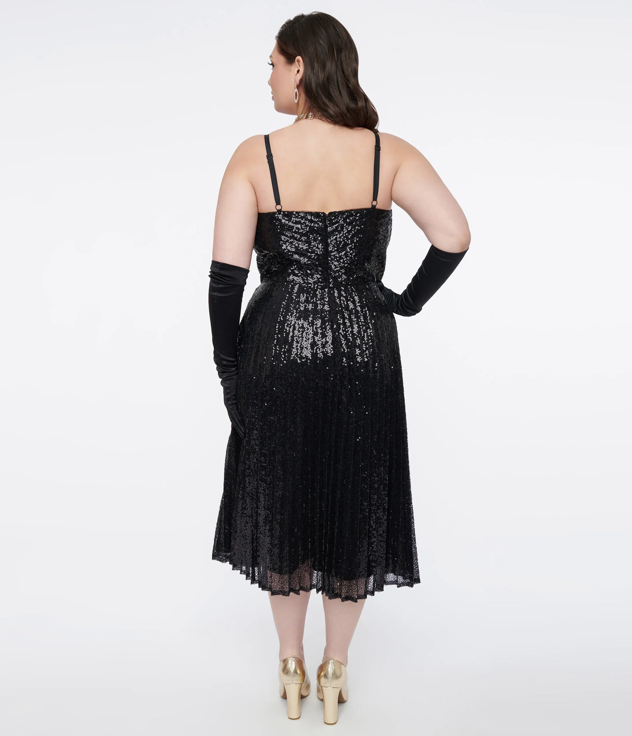 Unique Vintage Plus Size 1950s Black Pleated Sequin Swing Dress Casual Everyday Look