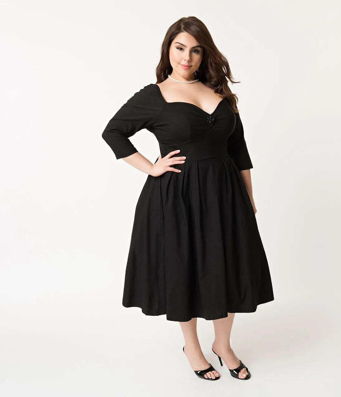 Unique Vintage Plus Size 1950s Black Sweetheart Lamar Swing Dress Casual Everyday Look