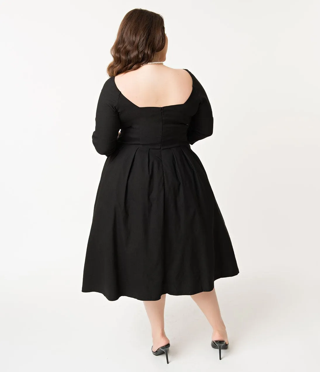 Unique Vintage Plus Size 1950s Black Sweetheart Lamar Swing Dress Casual Everyday Look