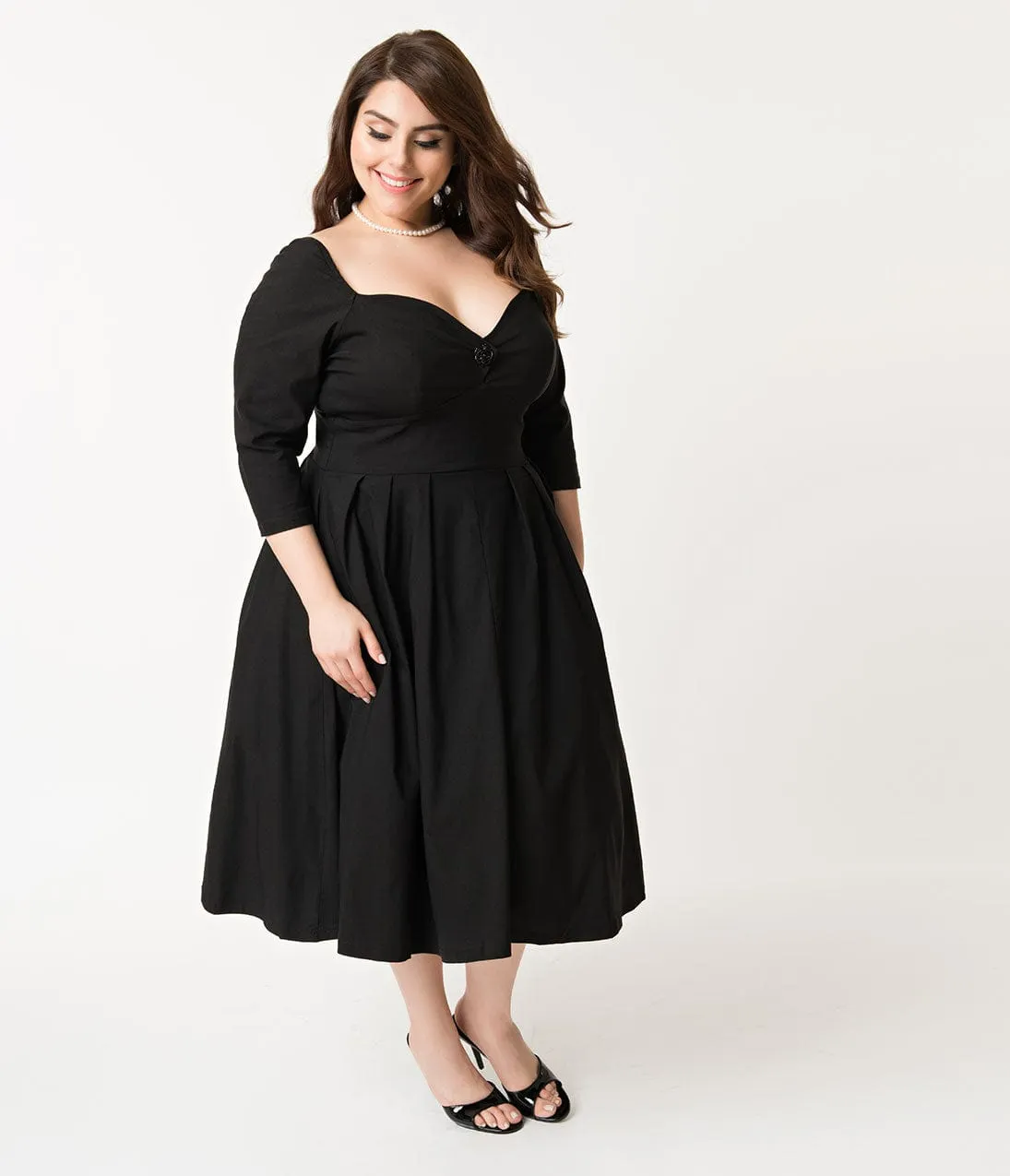 Unique Vintage Plus Size 1950s Black Sweetheart Lamar Swing Dress Casual Everyday Look
