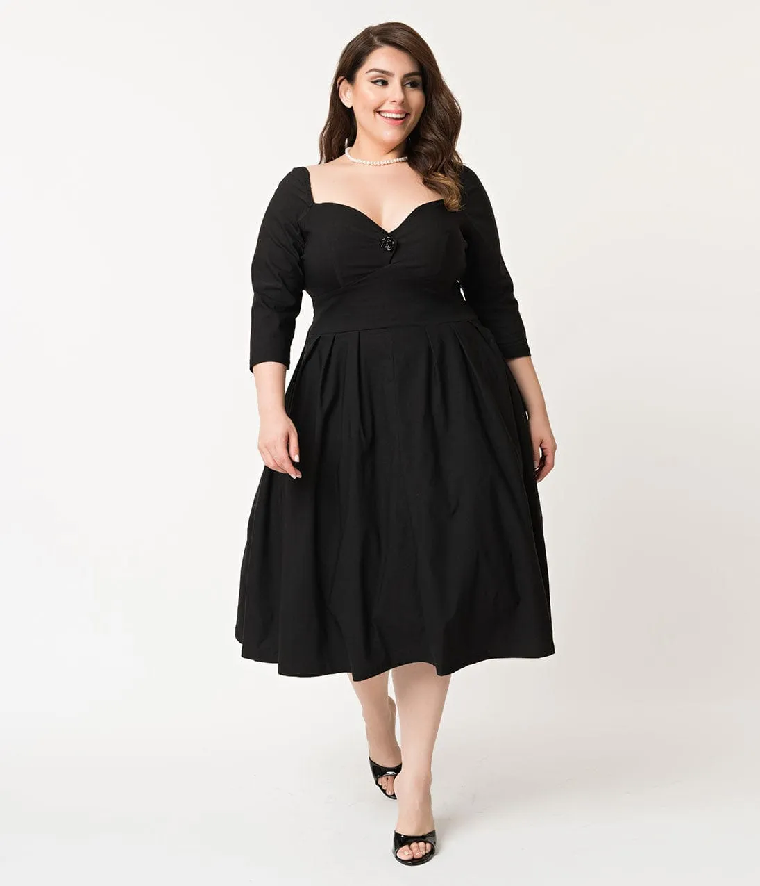 Unique Vintage Plus Size 1950s Black Sweetheart Lamar Swing Dress Casual Everyday Look