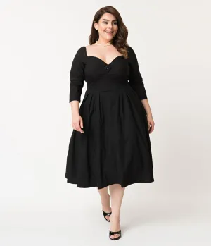 Unique Vintage Plus Size 1950s Black Sweetheart Lamar Swing Dress Casual Everyday Look