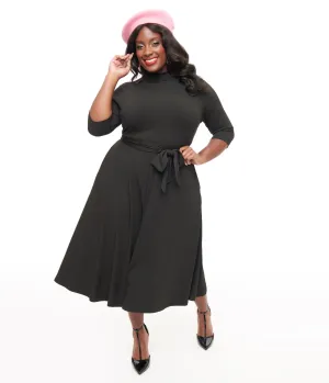 Unique Vintage Plus Size 1950s Black Turtleneck Midi Dress Casual Everyday Look